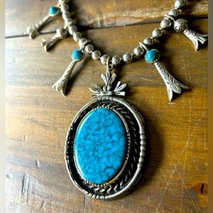 Vintage Costume Squash Blossom necklace faux turquoise and silver tone metal